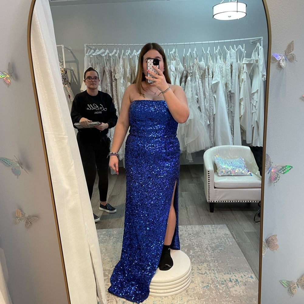 Blue Sequin Strapless Prom Dress